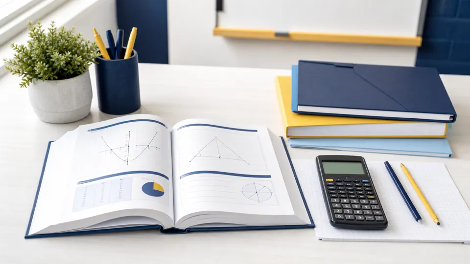 Open mathematics textbook, lesson folders and classroom calculator